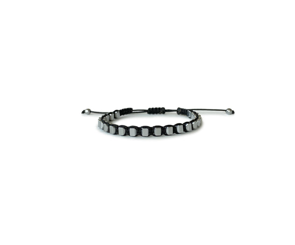 Hematite Silver Rectangle Hand-Knitted Bracelet (Black Thread) - Cocosh