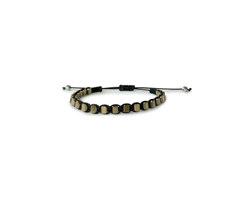Hematite Gold Rectangle Hand-Knitted Bracelet (Black Thread) - Cocosh