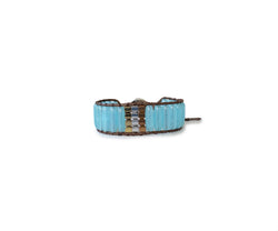 Blue Jade With 3-Colored Hematite Hand-Stitched Wrap Bracelet - Cocosh