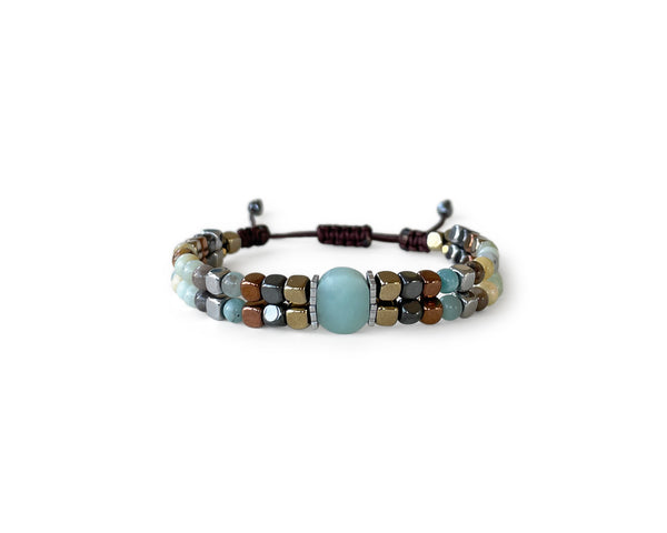 Double Amazonite with Hematite Hand-Knitted Bracelet